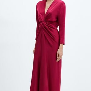 Mango Fuchsia Satin Dress With Knot